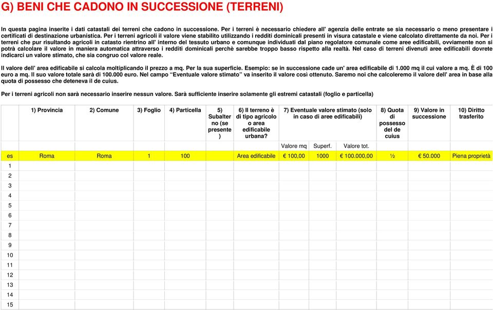 Per i terreni agricoli il valore viene stabilito utilizzando i redditi dominicali presenti in visura catastale e viene calcolato direttamente da noi.