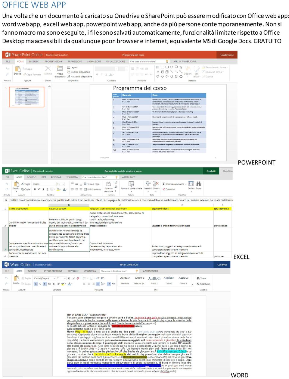 Non si fanno macro ma sono eseguite, i file sono salvati automaticamente, funzionalità limitate rispetto a