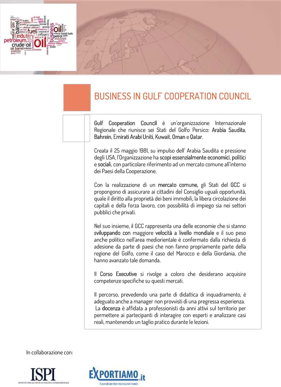 Creata il 25 maggio 1981, su impulso dell Arabia Saudita e pressione degli USA, l'organizzazione ha scopi essenzialmente economici, politici e sociali, con particolare riferimento ad un mercato