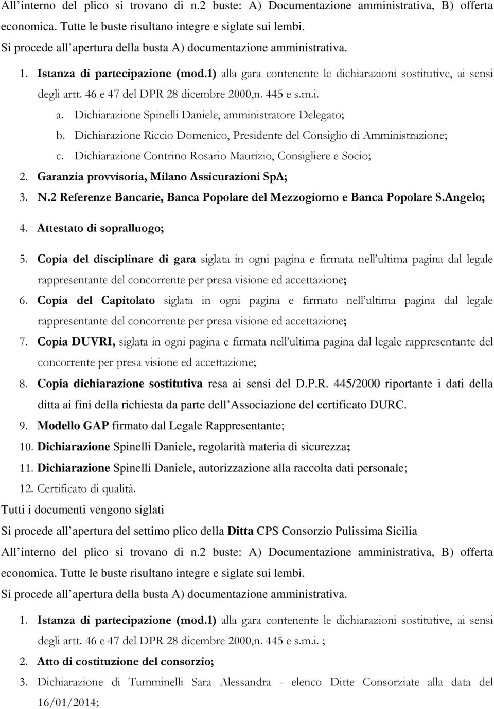 2 Referenze Bancarie, Banca Popolare del Mezzogiorno e Banca Popolare S.Angelo; 10. Dichiarazione Spinelli Daniele, regolarità materia di sicurezza; 11.