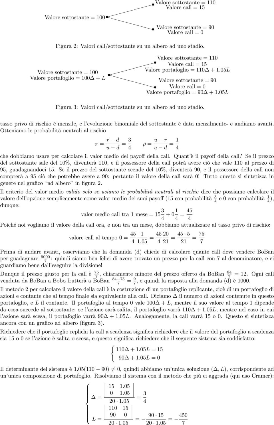 5L Figura : Valori call/sottostante su un albero ad uno stadio. tasso privo di rischio è mensile, e l evoluzione binomiale del sottostante è data mensilmente- e andiamo avanti.