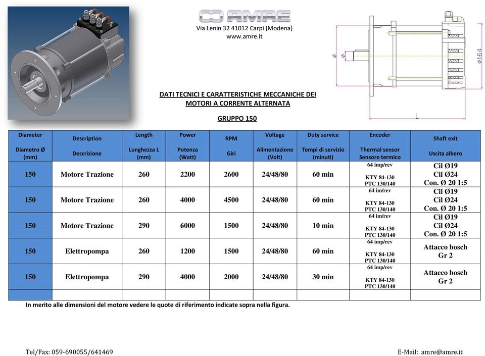 150 Elettropompa 260 1200 1500 24/48/80 60 min 150 Elettropompa 290 4000 2000 24/48/80 30 min Encoder Thermal sensor Sensore termico 64 im/rev 64 im/rev Shaft exit Uscita albero Cil Ø19 Cil Ø24 Con.