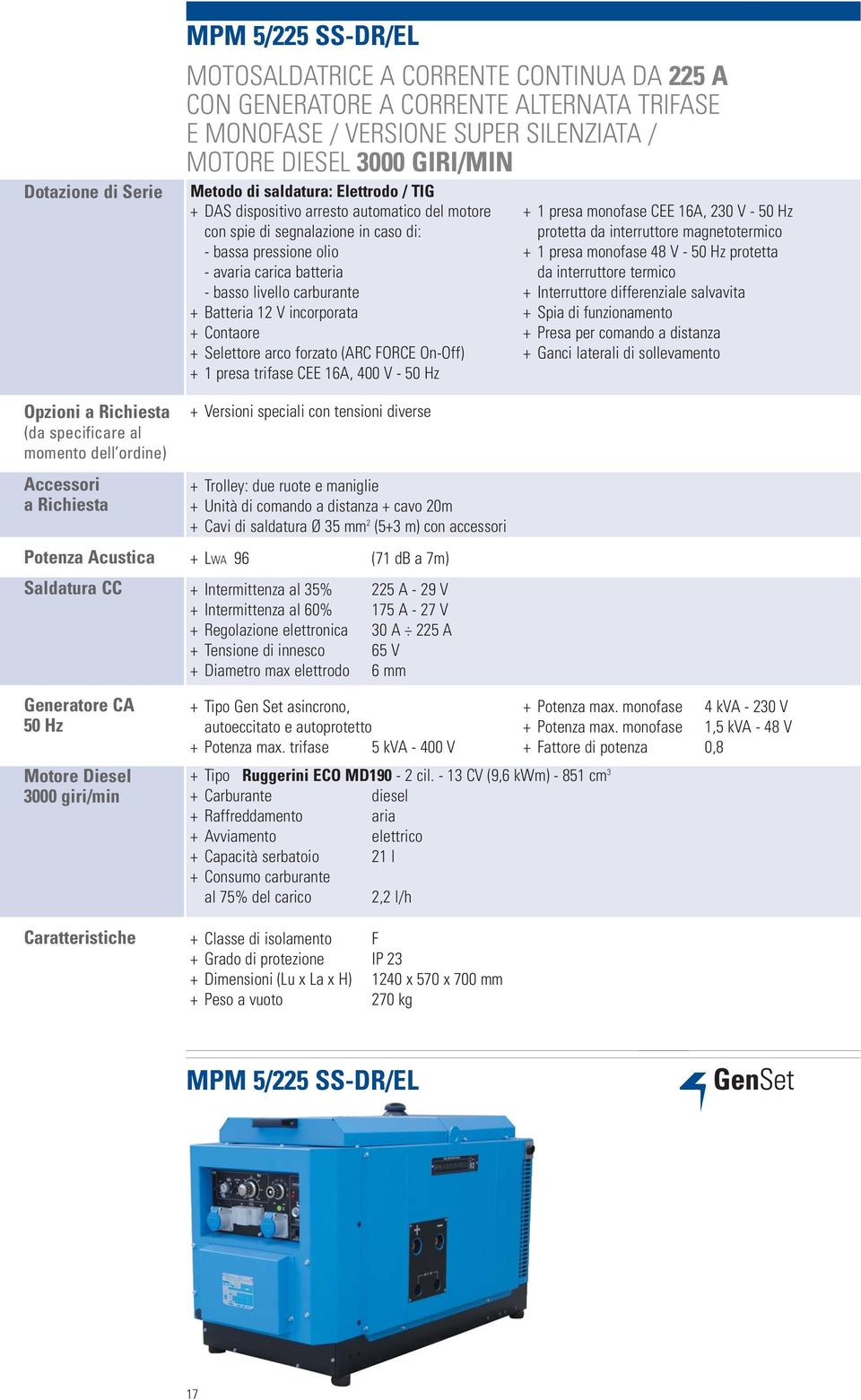 incorporata + Contaore + Selettore arco forzato (ARC FORCE On-Off) + 1 presa trifase CEE 16A, 400 V - + 1 presa monofase CEE 16A, 230 V - protetta da interruttore magnetotermico + 1 presa monofase 48