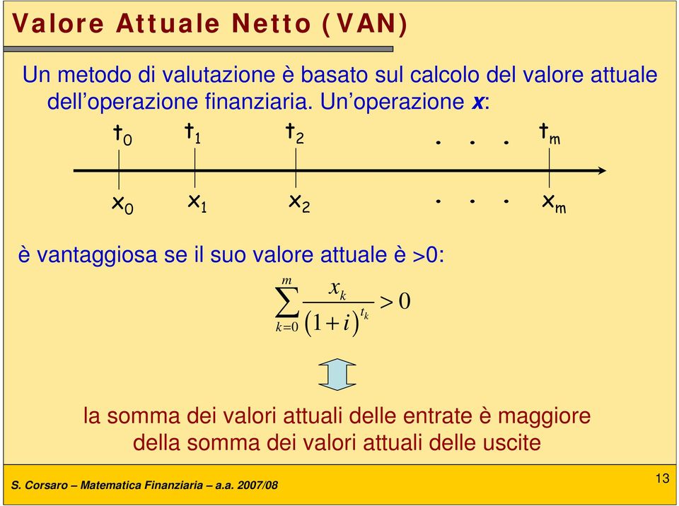 .. x 1 x 2 x m è vantaggiosa se il suo valore attuale è >0: m x k > 0 tk k = 0 1+ i (