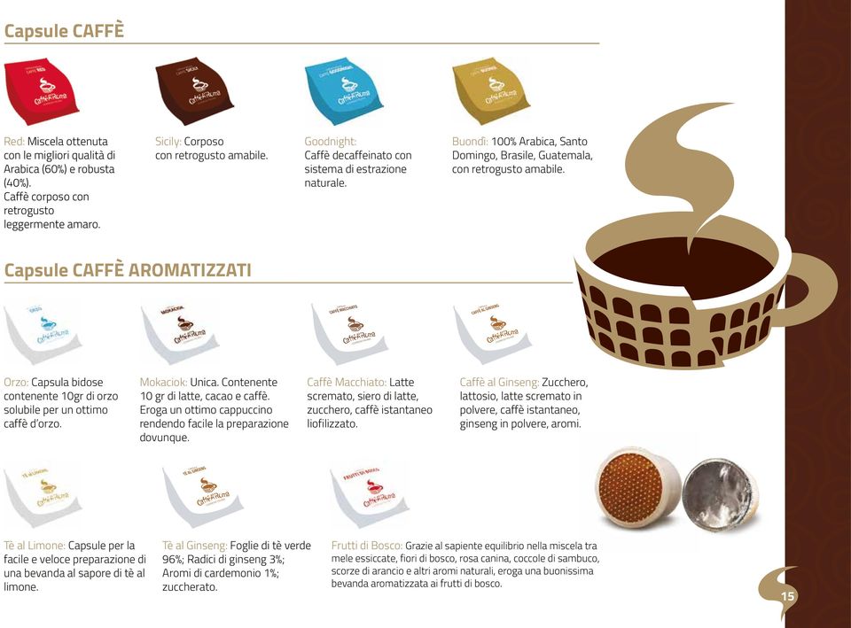 Capsule CAFFÈ AROMATIZZATI Orzo: Capsula bidose contenente 10gr di orzo solubile per un ottimo caffè d orzo. Mokaciok: Unica. Contenente 10 gr di latte, cacao e caffè.