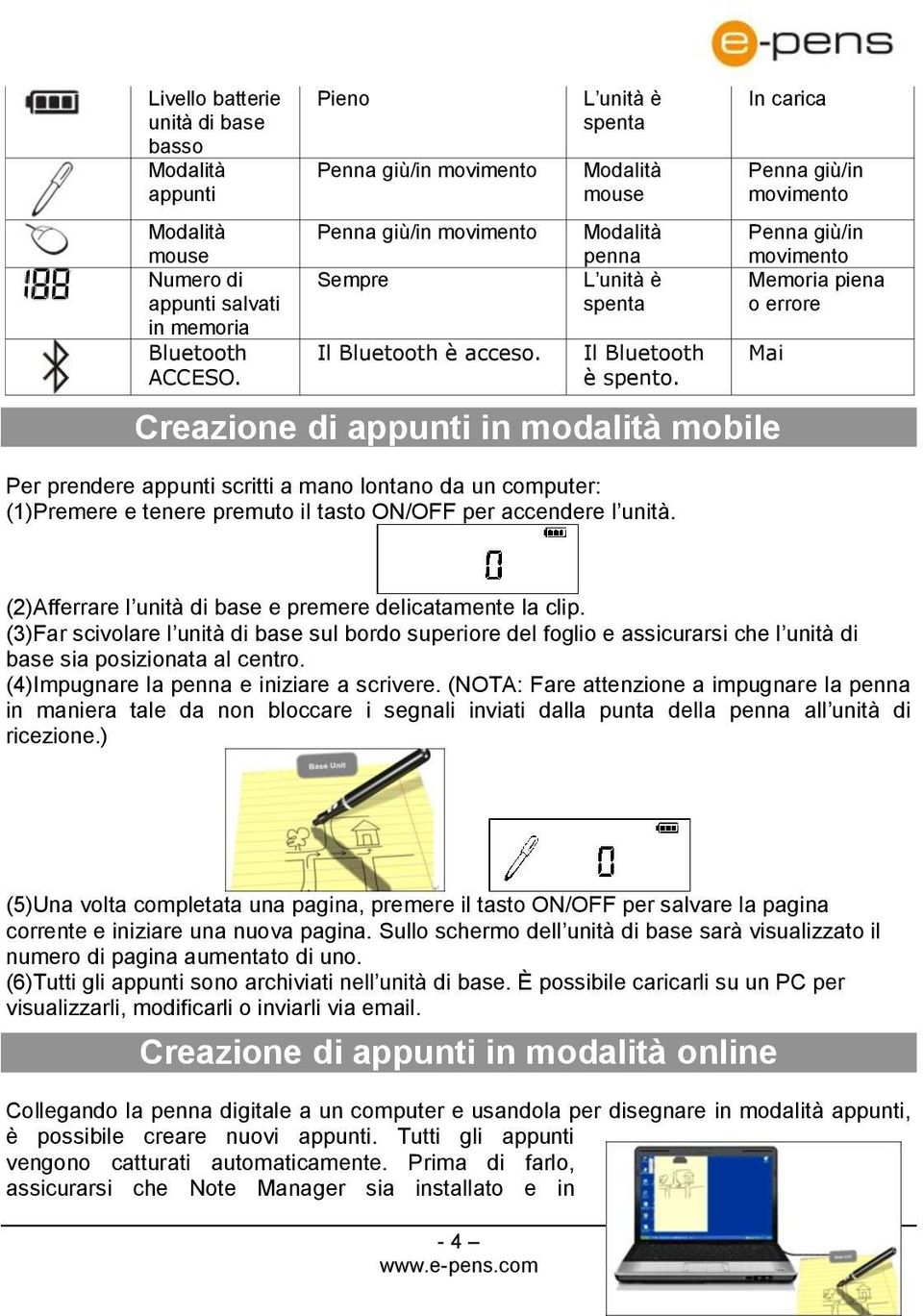 In carica Penna giù/in movimento Penna giù/in movimento Memoria piena o errore Mai Creazione di appunti in modalità mobile Per prendere appunti scritti a mano lontano da un computer: (1)Premere e