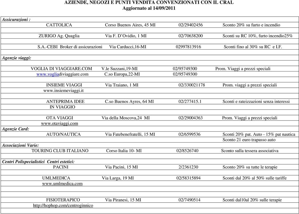 COM V.le Suzzani,19-MI 02/95749300 Prom. Viaggi a prezzi speciali www.vogliadiviaggiare.com C.so Europa,22-MI 02/95749300 INSIEME VIAGGI Via Traiano, 1 MI 02/330021178 Prom.