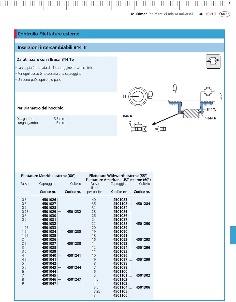 gambo 3,5 mm 6 mm Filettature Metriche esterne (60 ) Filettature Withworth esterne (55 ) Filettature Americane UST esterne (60 ) Passo Capruggine Coltello Passo Capruggine Coltello filetti mm Codice