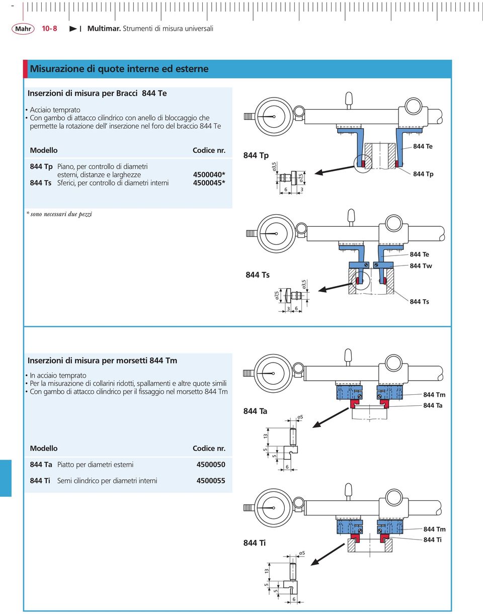 844 Tp Piano, per controllo di diametri esterni, distanze e larghezze 4500040* 844 Ts Sferici, per controllo di diametri interni 4500045* * sono necessari due pezzi inserzioni di