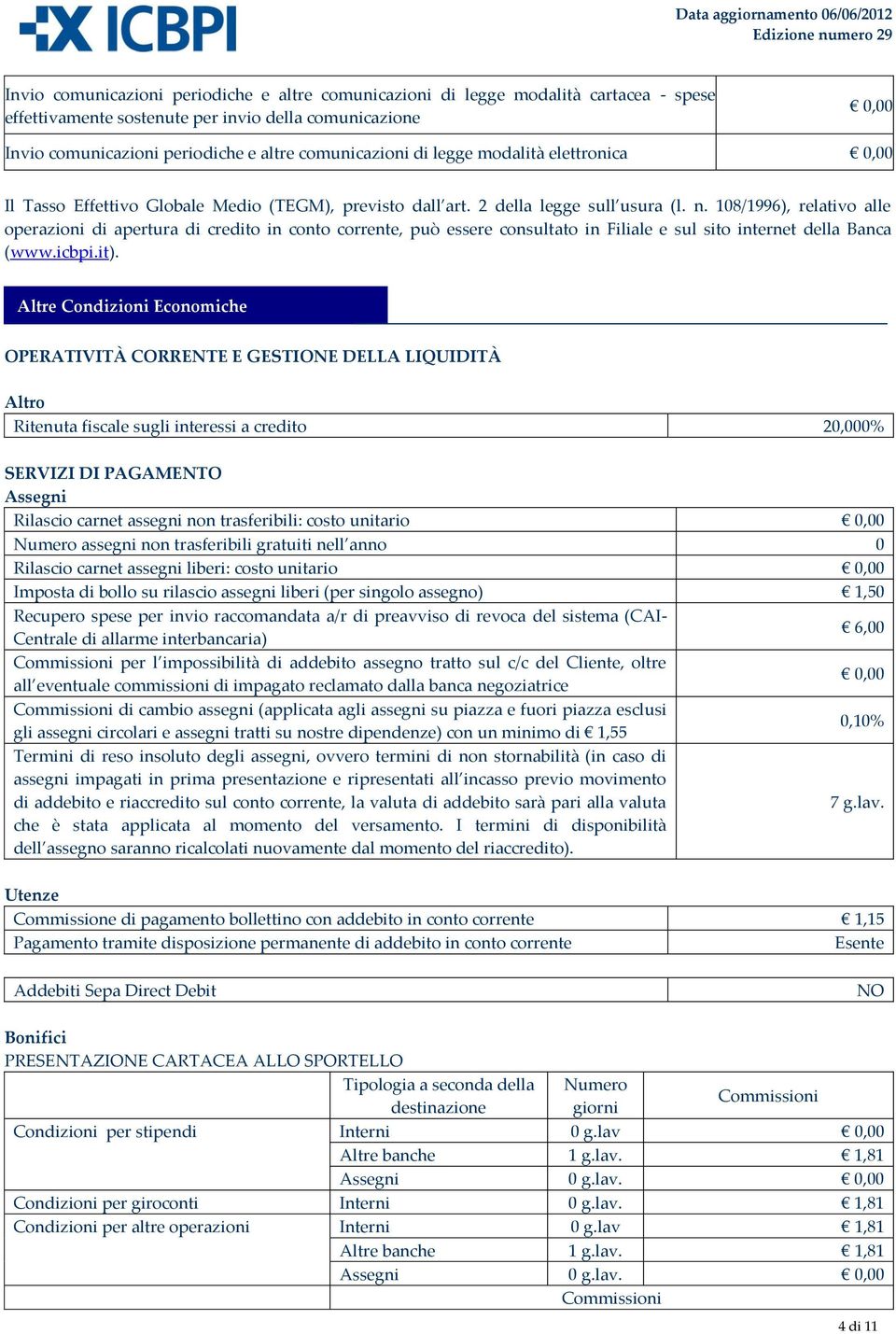 108/1996), relativo alle operazioni di apertura di credito in conto corrente, può essere consultato in Filiale e sul sito internet della Banca (www.icbpi.it).