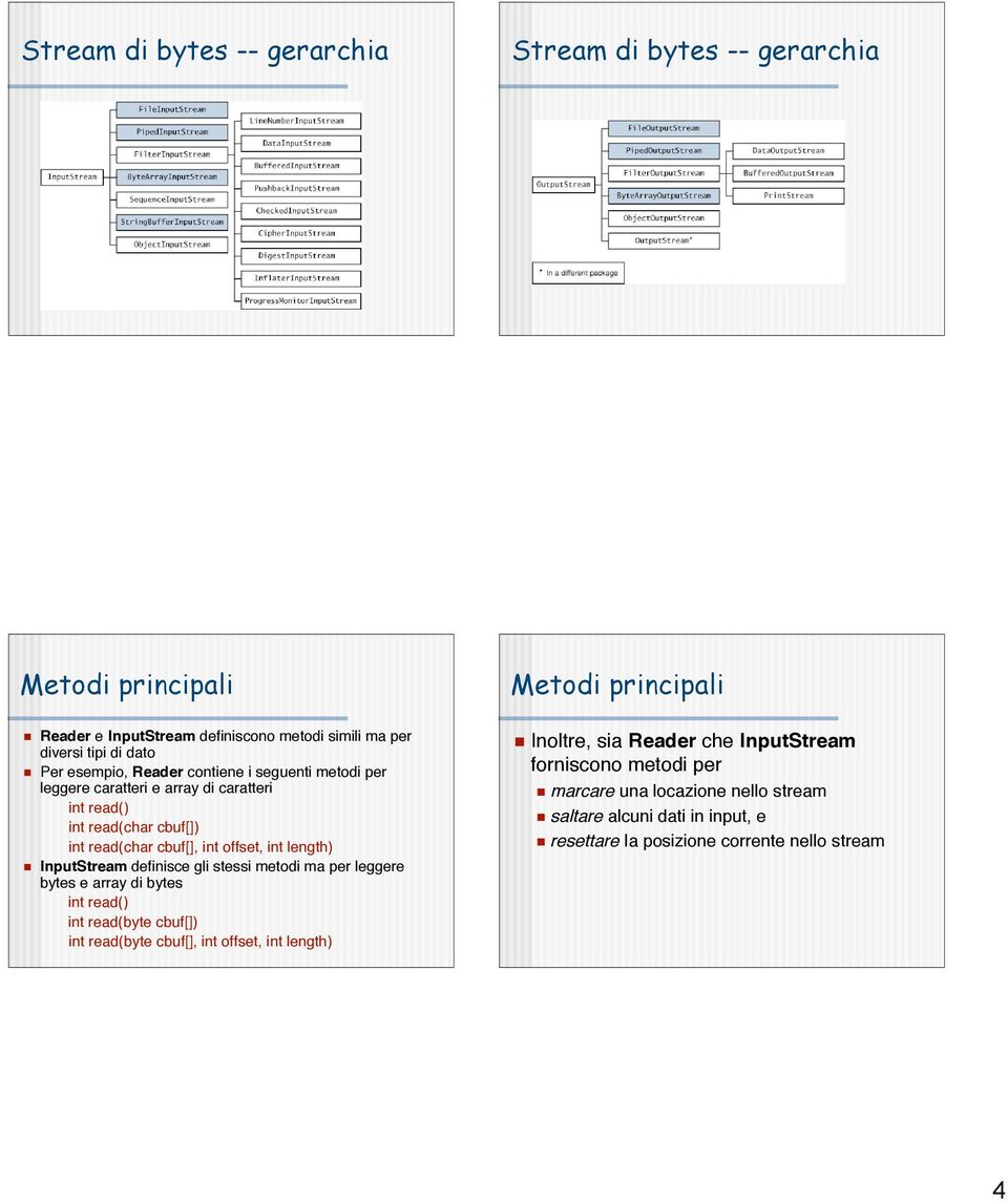 length) InputStream definisce gli stessi metodi ma per leggere bytes e array di bytes int read() int read(byte cbuf[]) int read(byte cbuf[], int offset, int length)