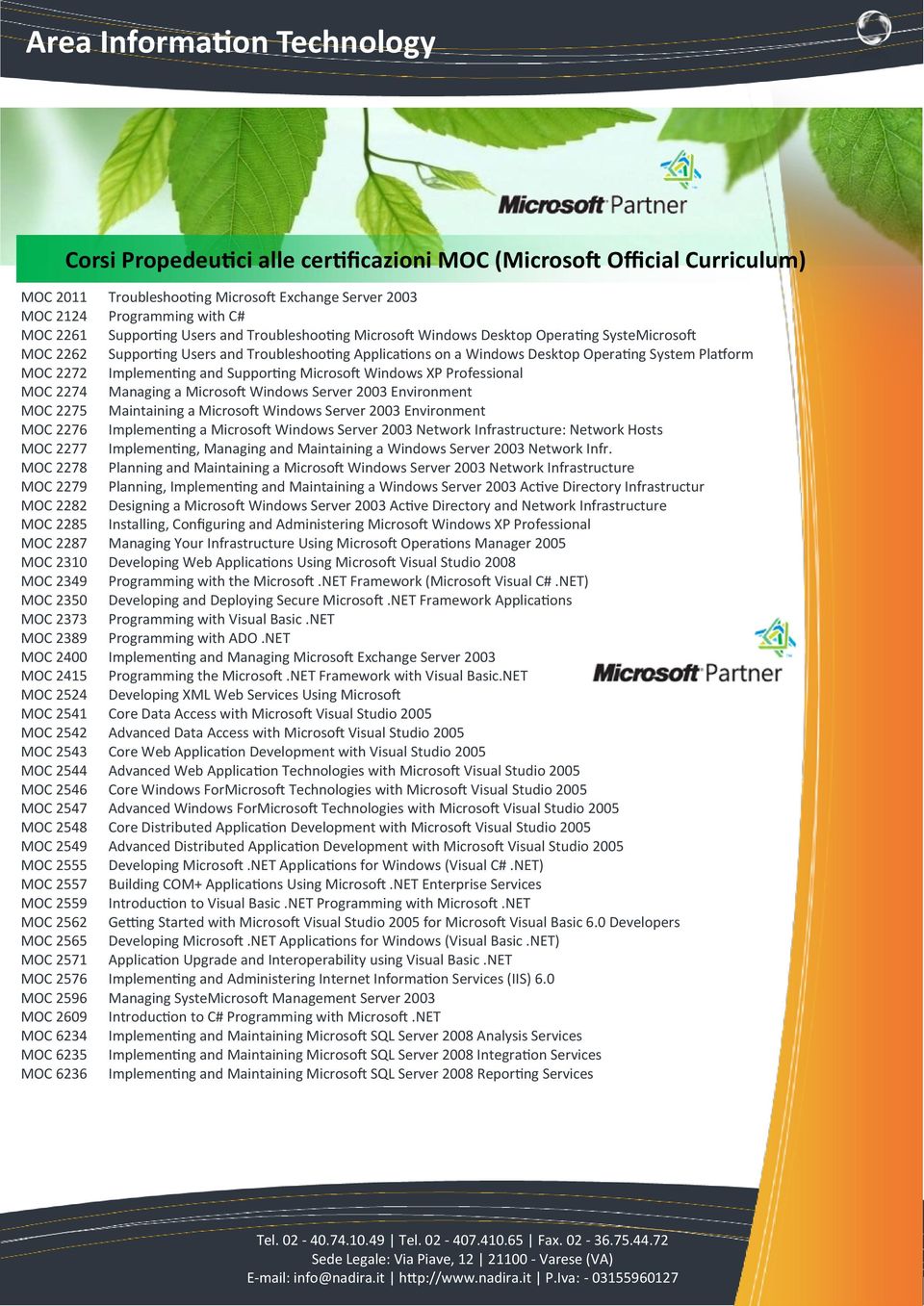 2272 Implementing and Supporting Microsoft Windows XP Professional MOC 2274 Managing a Microsoft Windows Server 2003 Environment MOC 2275 Maintaining a Microsoft Windows Server 2003 Environment MOC