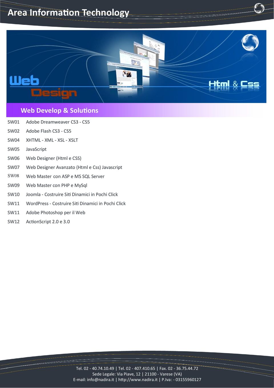 Javascript SW08 Web Master con ASP e MS SQL Server SW09 Web Master con PHP e MySql SW10 Joomla - Costruire Siti