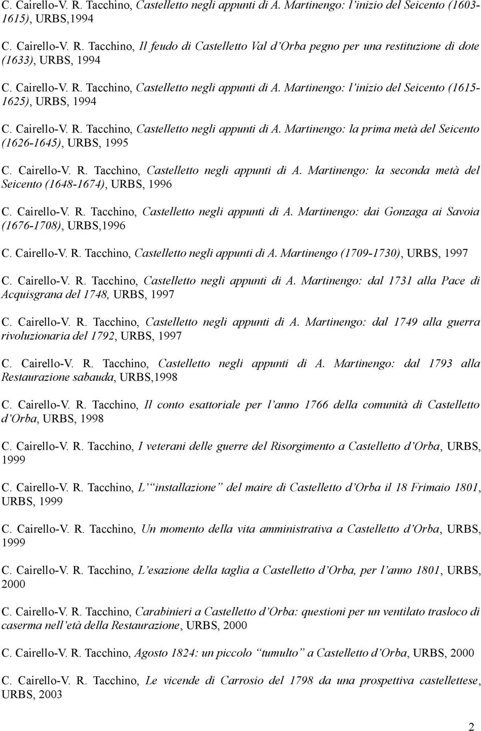 Cairello-V. R. Tacchino, Castelletto negli appunti di A. Martinengo: la seconda metà del Seicento (1648-1674), URBS, 1996 C. Cairello-V. R. Tacchino, Castelletto negli appunti di A. Martinengo: dai Gonzaga ai Savoia (1676-1708), URBS,1996 C.