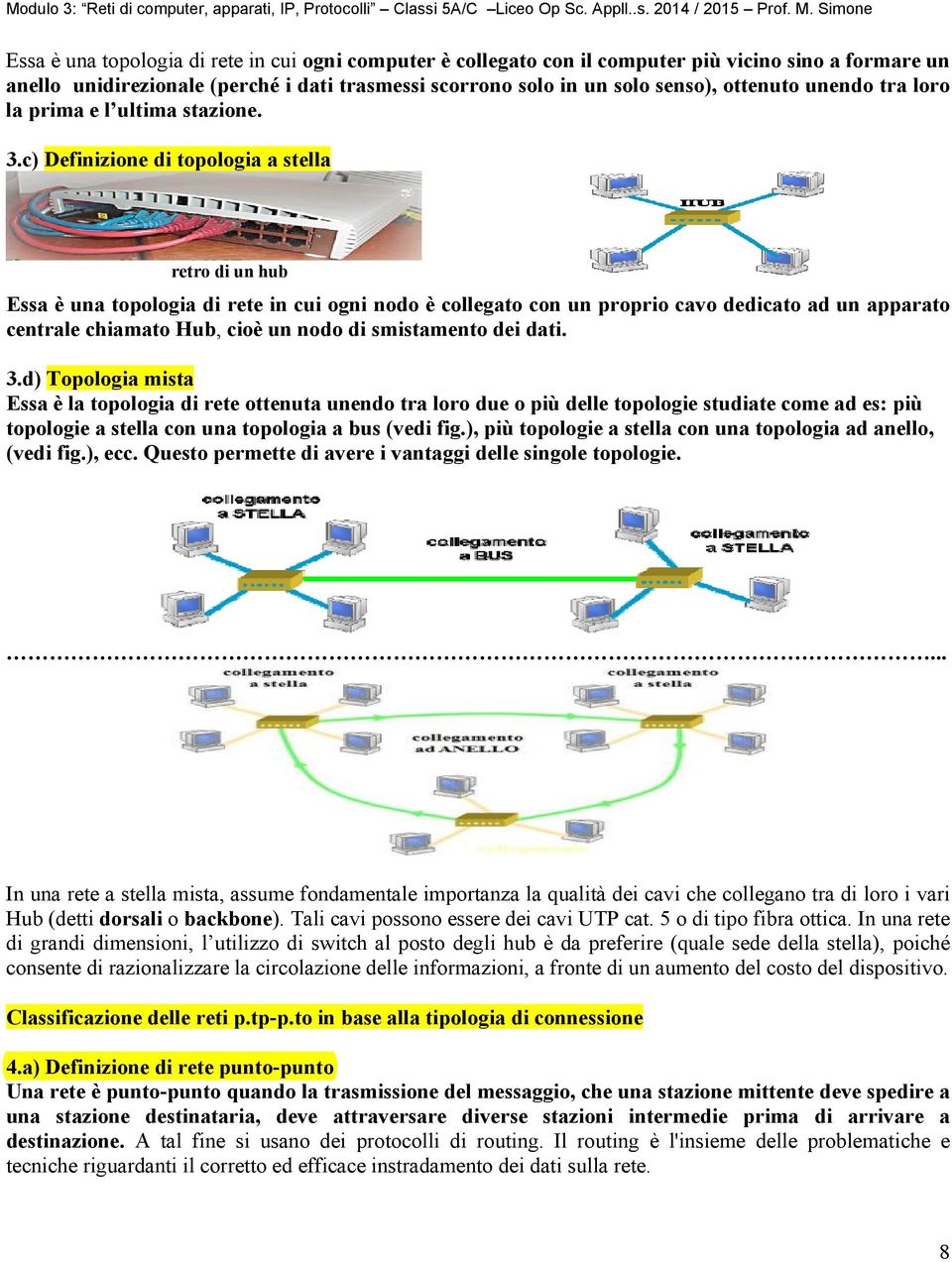 c) Definizione di topologia a stella retro di un hub Essa è una topologia di rete in cui ogni nodo è collegato con un proprio cavo dedicato ad un apparato centrale chiamato Hub, cioè un nodo di