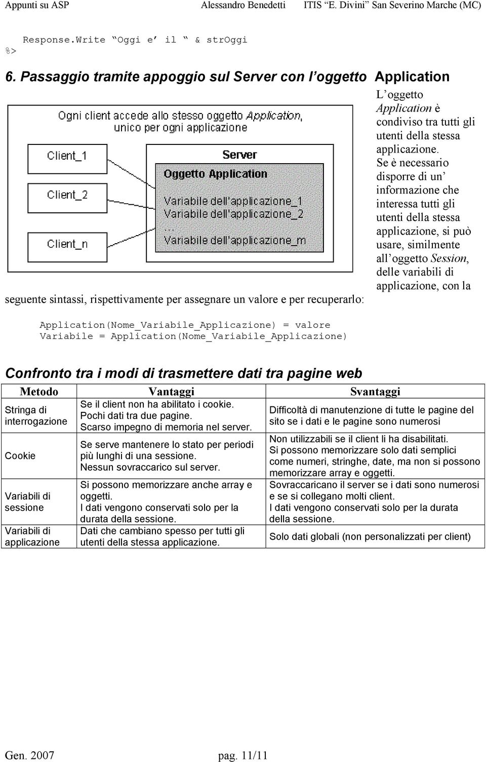 sintassi, rispettivamente per assegnare un valore e per recuperarlo: Application(Nome_Variabile_Applicazione) = valore Variabile = Application(Nome_Variabile_Applicazione) Confronto tra i modi di