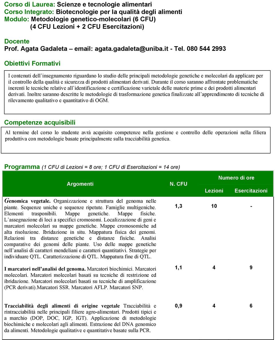 080 544 2993 Obiettivi Formativi I contenuti dell insegnamento riguardano lo studio delle principali metodologie genetiche e molecolari da applicare per il controllo della qualità e sicurezza di