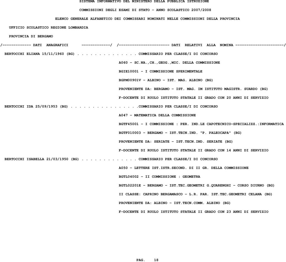 ...............COMMISSARIO PER CLASSE/I DI CONCORSO A047 - MATEMATICA DELLA COMMISSIONE BGTF45001 - I COMMISSIONE : PER. IND.LE CAPOTECNICO-SPECIALIZZ.:INFORMATICA BGTF010003 - BERGAMO - IST.TECN.IND. "P.