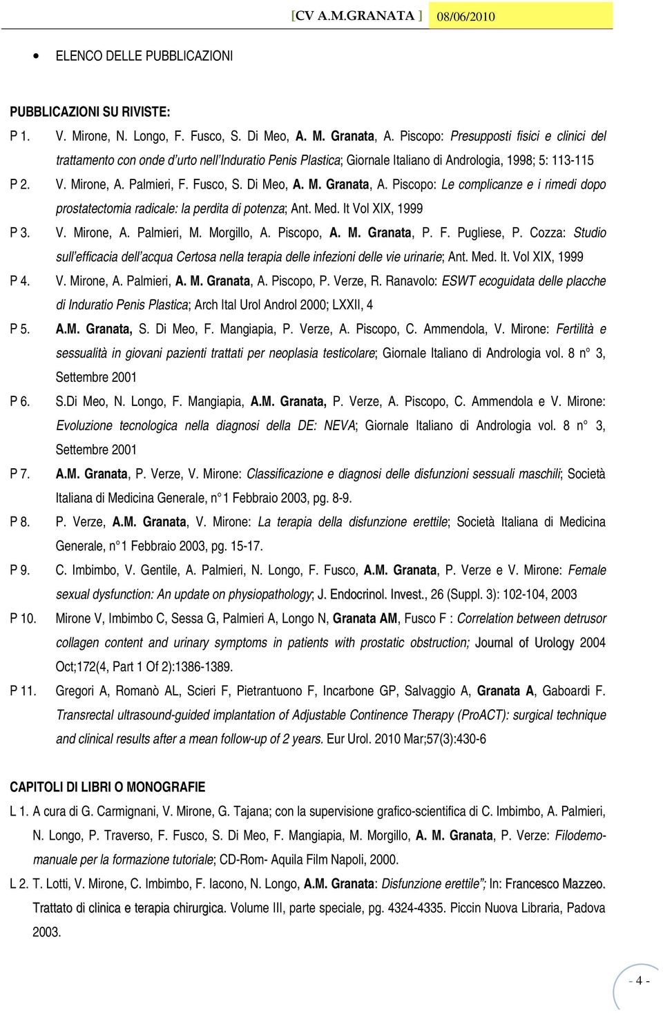 Di Meo, A. M. Granata, A. Piscopo: Le complicanze e i rimedi dopo prostatectomia radicale: la perdita di potenza; Ant. Med. It Vol XIX, 1999 P 3. V. Mirone, A. Palmieri, M. Morgillo, A. Piscopo, A. M. Granata, P.