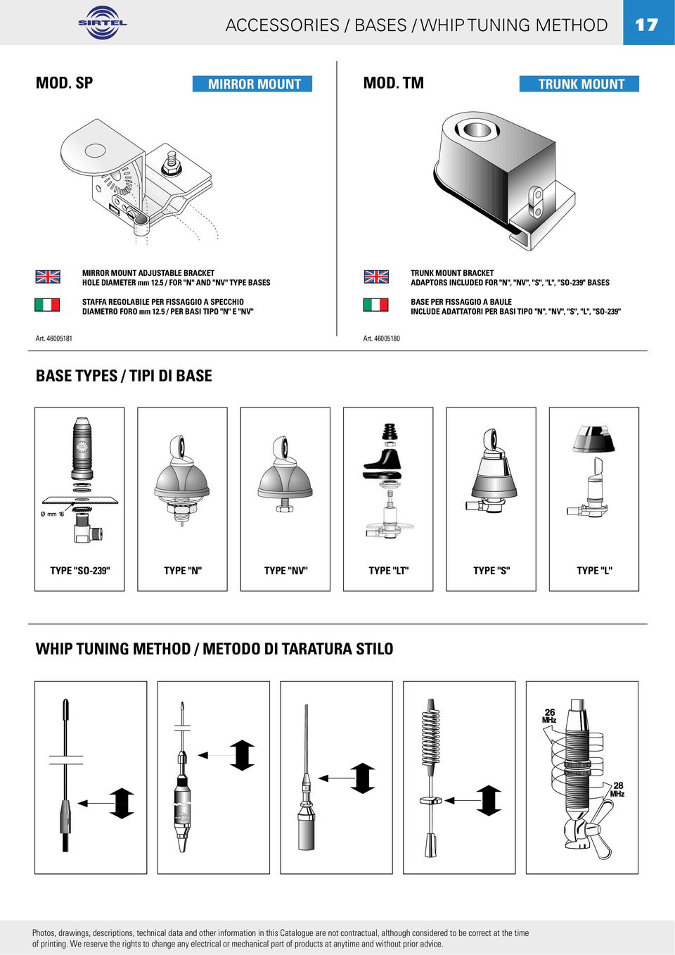 5 / PER BASI TIPO "N" E "NV" TRUNK MOUNT BRACKET ADAPTORS INCLUDED FOR "N", "NV", "S", "L", "SO-239" BASES BASE PER FISSAGGIO A BAULE INCLUDE ADATTATORI PER BASI TIPO "N", "NV", "S", "L", "SO-239"