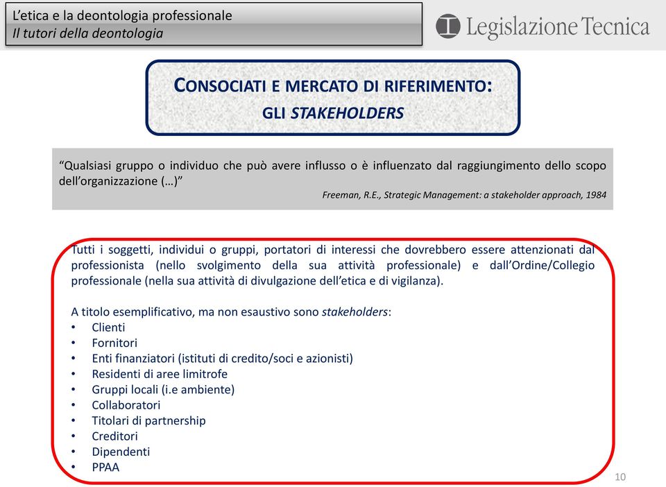 , Strategic Management: a stakeholder approach, 1984 Tutti i soggetti, individui o gruppi, portatori di interessi che dovrebbero essere attenzionati dal professionista (nello svolgimento della sua