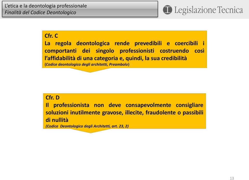 l affidabilità di una categoria e, quindi, la sua credibilità (Codice deontologico degli architetti, Preambolo)