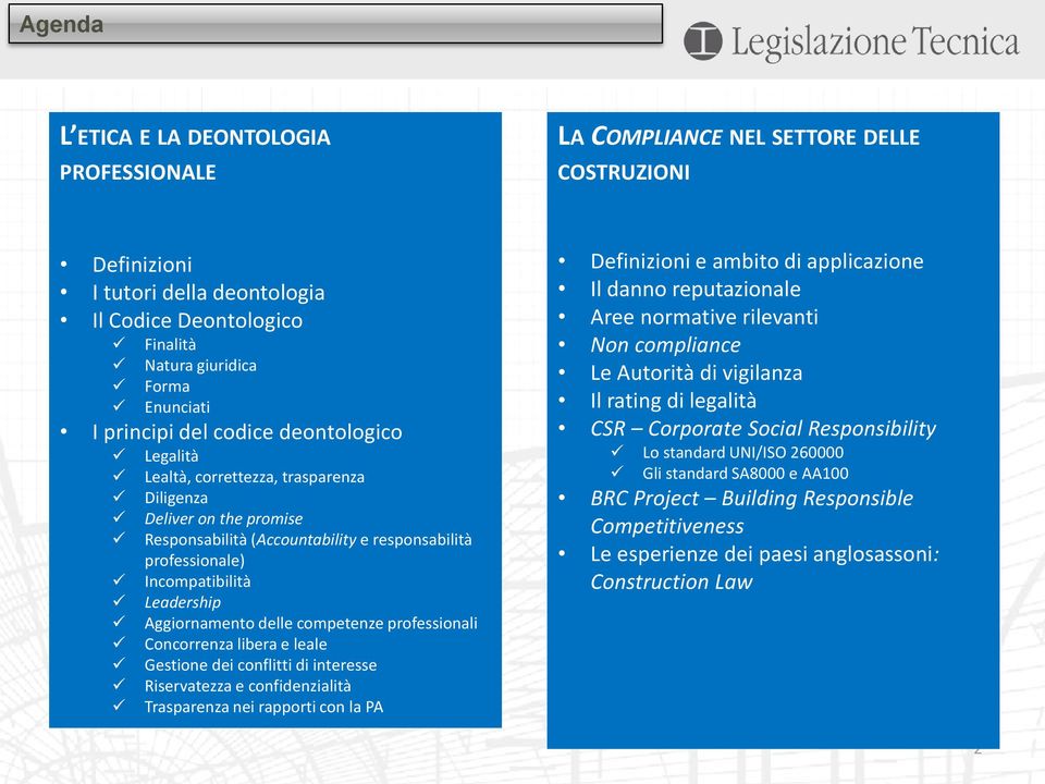 Aggiornamento delle competenze professionali Concorrenza libera e leale Gestione dei conflitti di interesse Riservatezza e confidenzialità Trasparenza nei rapporti con la PA Definizioni e ambito di