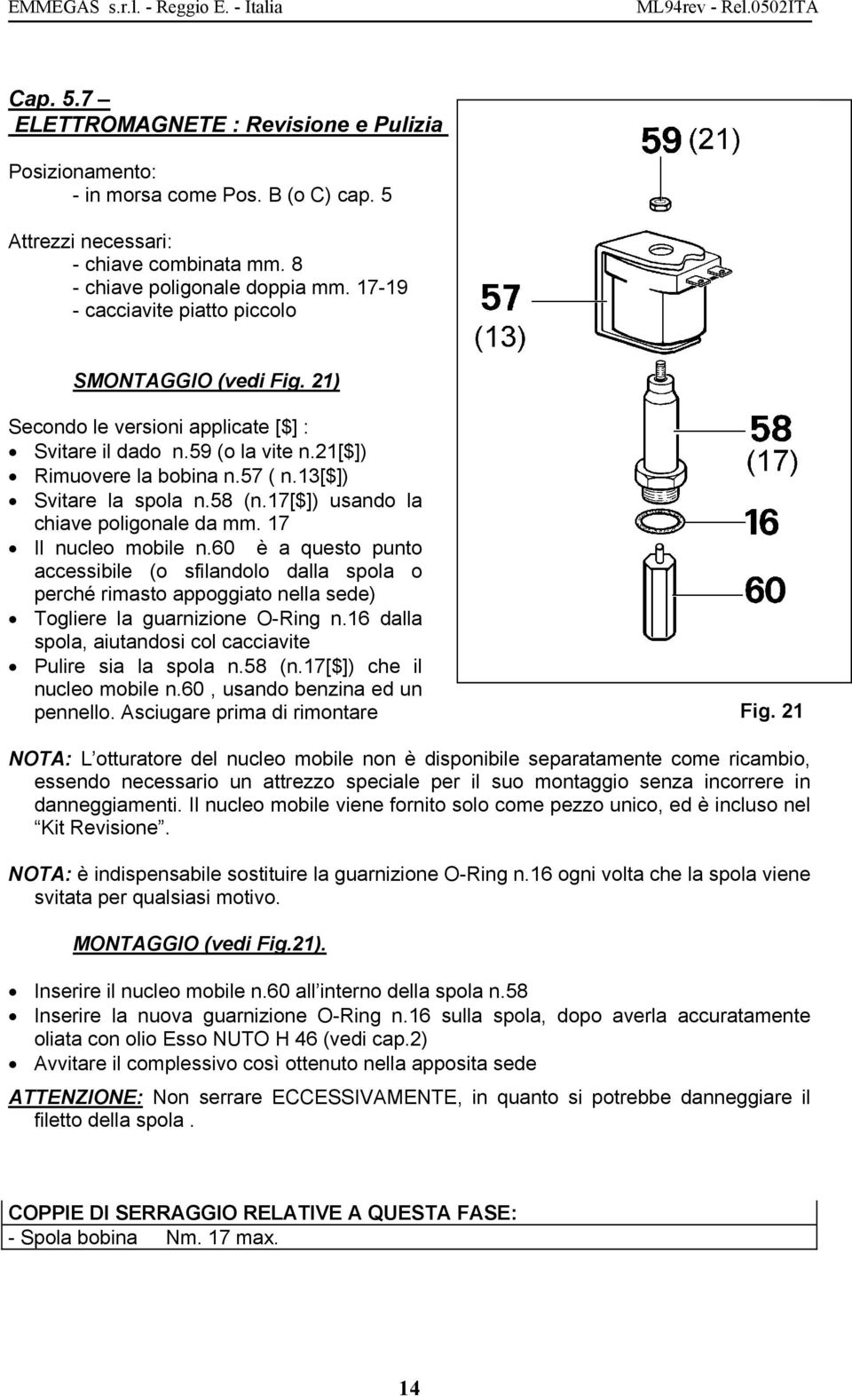 17[$]) usando la chiave poligonale da mm. 17 Il nucleo mobile n.60 è a questo punto accessibile (o sfilandolo dalla spola o perché rimasto appoggiato nella sede) Togliere la guarnizione O-Ring n.