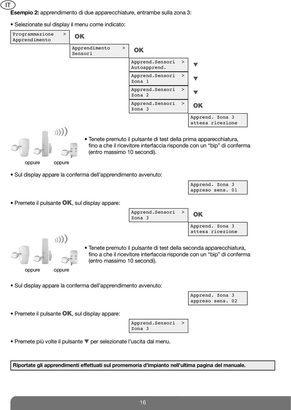 Zona 3 attesa ricezione Tenete premuto il pulsante di test della prima apparecchiatura, fino a che il ricevitore interfaccia risponde con un bip di conferma (entro massimo 10 secondi).