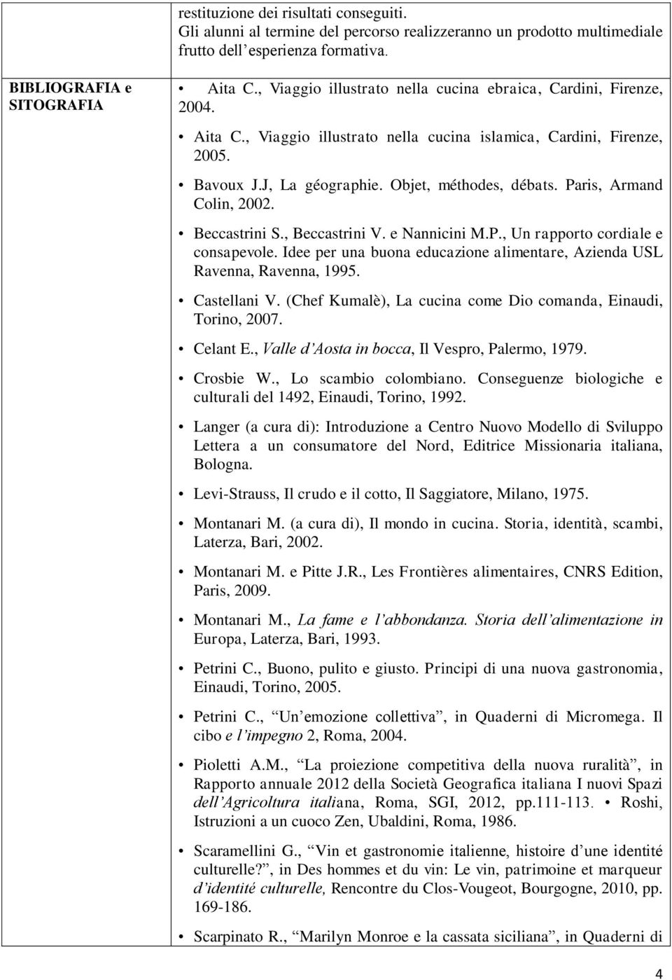 Paris, Armand Colin, 2002. Beccastrini S., Beccastrini V. e Nannicini M.P., Un rapporto cordiale e consapevole. Idee per una buona educazione alimentare, Azienda USL Ravenna, Ravenna, 1995.