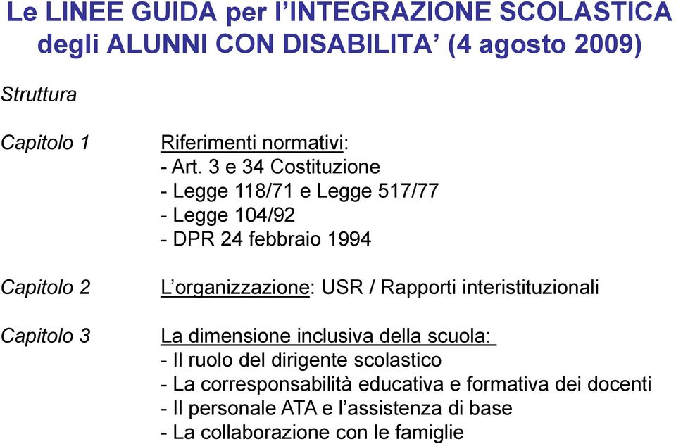 3 e 34 Costituzione - Legge 118/71 e Legge 517/77 - Legge 104/92 - DPR 24 febbraio 1994 L organizzazione: USR / Rapporti