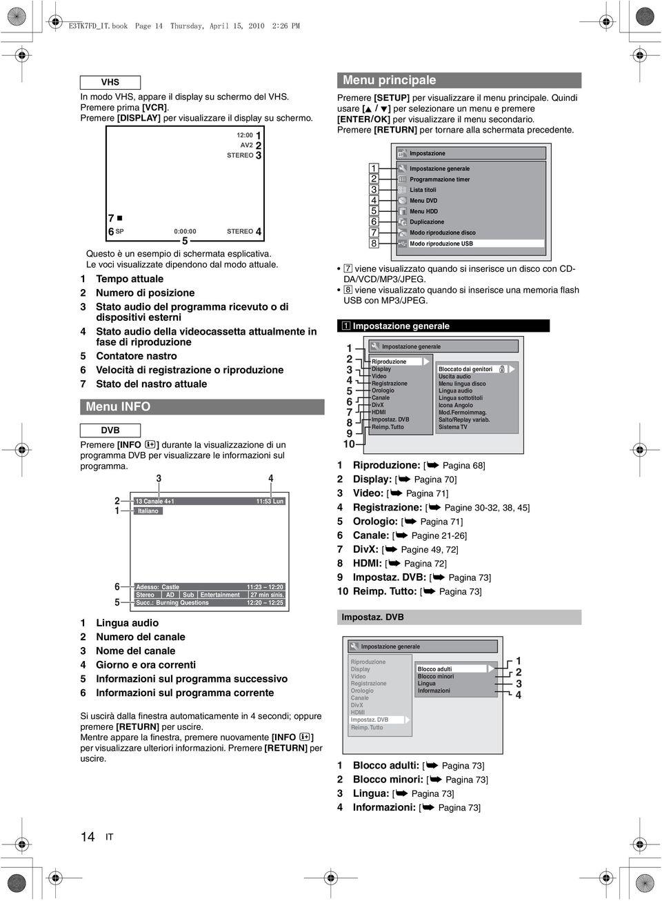 di registrazione o riproduzione 7 Stato del nastro attuale Menu INFO 12:00 AV2 STEREO DVB Premere [INFO C] durante la visualizzazione di un programma DVB per visualizzare le informazioni sul