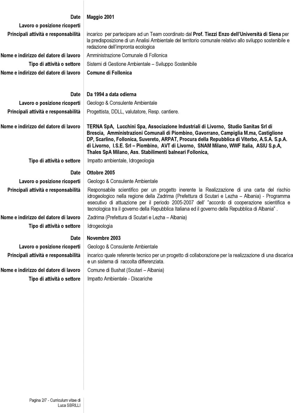 Comunale di Follonica Sistemi di Gestione Ambientale Sviluppo Sostenibile Comune di Follonica Date Da 1994 a data odierna Geologo & Consulente Ambientale Progettista, DDLL, valutatore, Resp. cantiere.