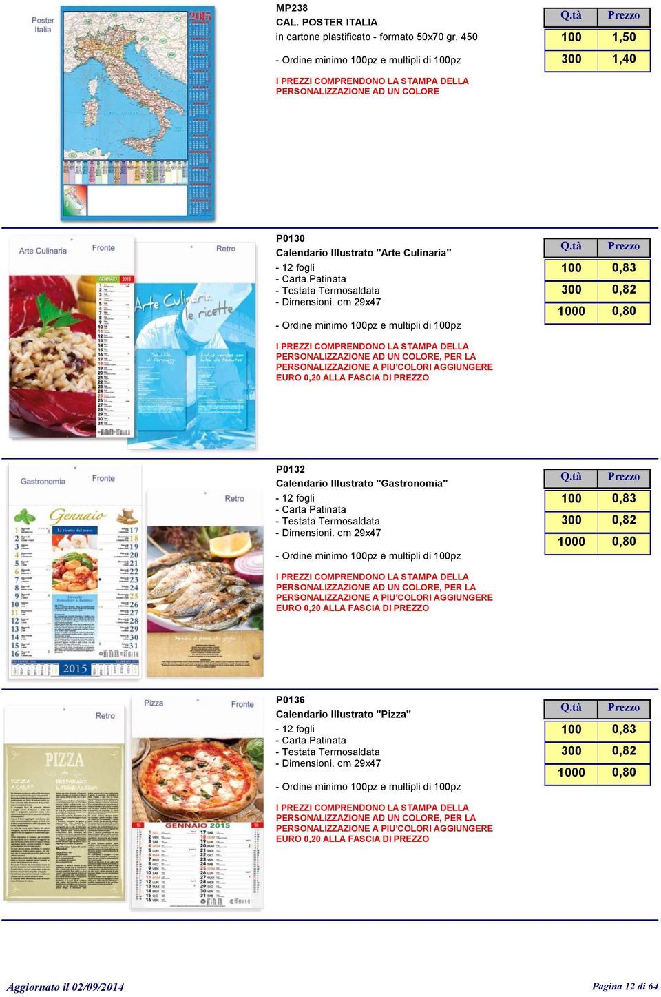 cm 29x47 - Ordine minimo pz e multipli di pz EURO 0,20 ALLA FASCIA DI PREZZO 0 0,83 0,82 0,80 P0132 Calendario Illustrato "Gastronomia" - 12 fogli - Carta Patinata - Dimensioni.