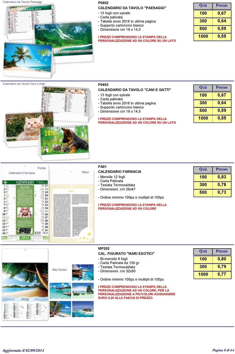 FA01 CALENDARIO FARMACIA - Mensile 12 fogli - Carta Patinata - Dimensioni. cm 29x47 - Ordine minimo pz e multipli di pz PERSONALIZZAZIONE AD UN COLORE 0,83 0,78 0,73 MP202 CAL.