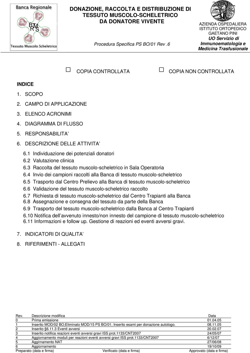 ELENCO ACRONIMI 4. DIAGRAMMA DI FLUSSO 5. RESPONSABILITA 6. DESCRIZIONE DELLE ATTIVITA 6.1 Individuazione dei potenziali donatori 6.2 Valutazione clinica 6.