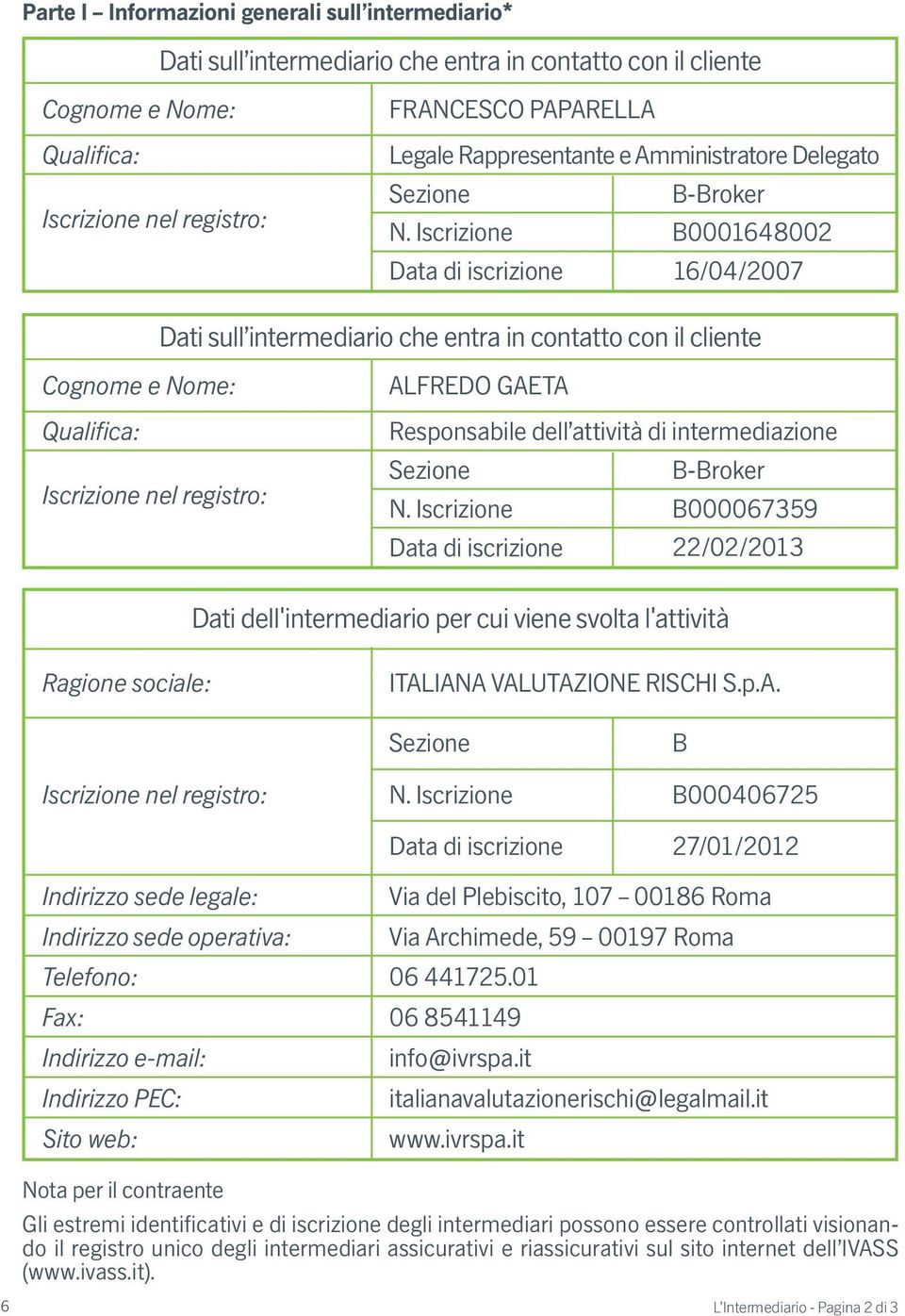 Iscrizione B0001648002 Data di iscrizione 16/04/2007 Dati sull intermediario che entra in contatto con il cliente Cognome e Nome: Qualifica: Iscrizione nel registro: ALFREDO GAETA Responsabile dell