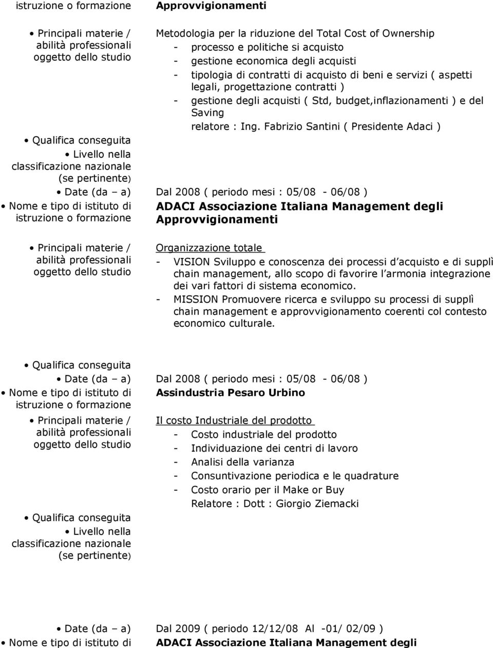 Fabrizio Santini ( Presidente Adaci ) Livello nella classificazione nazionale (se pertinente) Date (da a) Dal 2008 ( periodo mesi : 05/08-06/08 ) Nome e tipo di istituto di istruzione o formazione