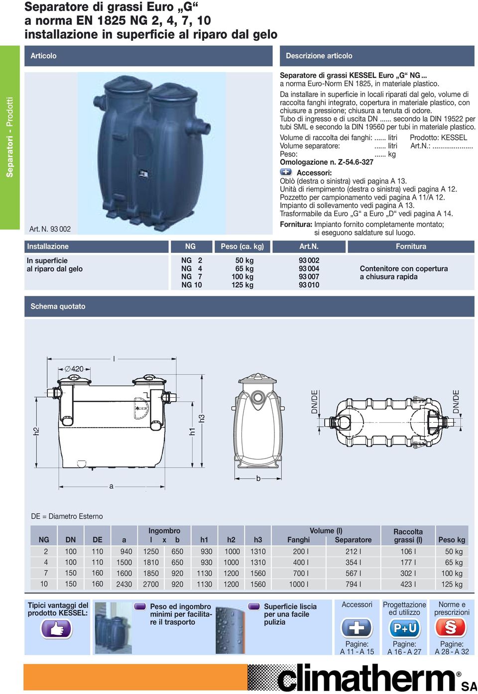 Da installare in superficie in locali riparati dal gelo, volume di raccolta fanghi integrato, copertura in materiale plastico, con chiusure a pressione; chiusura a tenuta di odore.