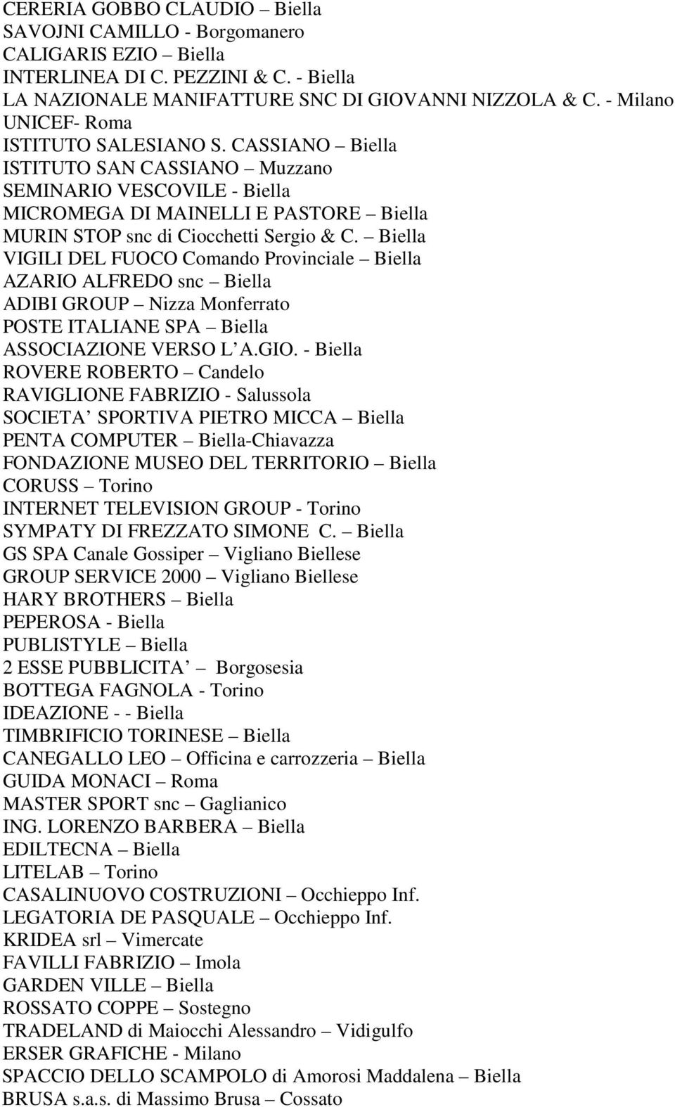 Biella VIGILI DEL FUOCO Comando Provinciale Biella AZARIO ALFREDO snc Biella ADIBI GROUP Nizza Monferrato POSTE ITALIANE SPA Biella ASSOCIAZIONE VERSO L A.GIO.