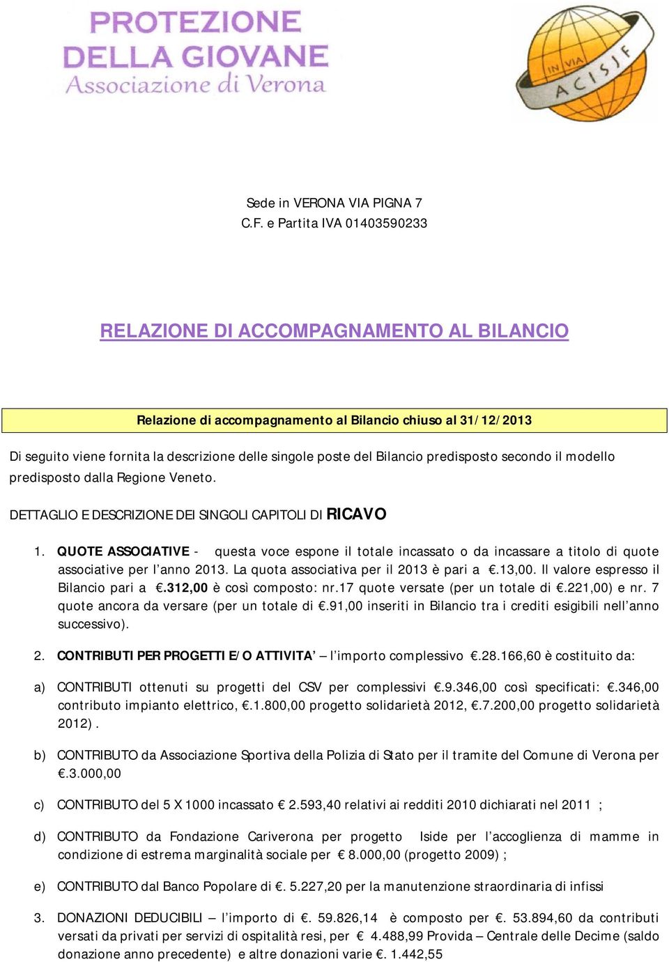 Bilancio predisposto secondo il modello predisposto dalla Regione Veneto. DETTAGLIO E DESCRIZIONE DEI SINGOLI CAPITOLI DI RICAVO 1.