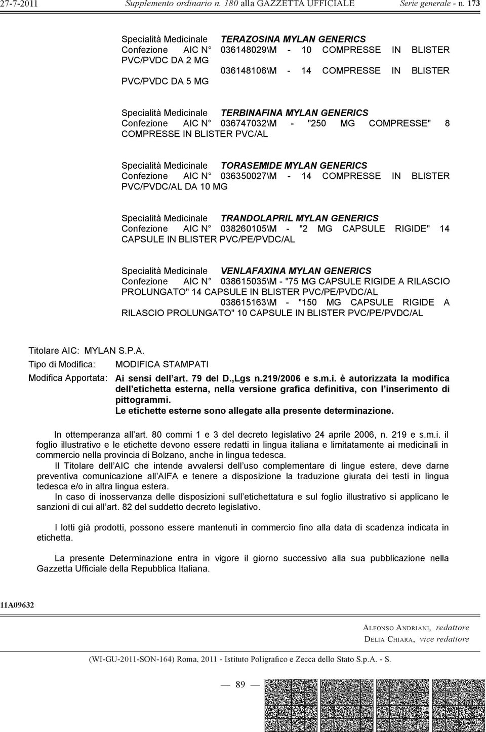 TRANDOLAPRIL MYLAN Confezione AIC N 038260105\M - "2 MG CAPSULE RIGIDE" 14 CAPSULE IN BLISTER PVC/PE/PVDC/AL Specialità Medicinale VENLAFAXINA MYLAN Confezione AIC N 038615035\M - "75 MG CAPSULE