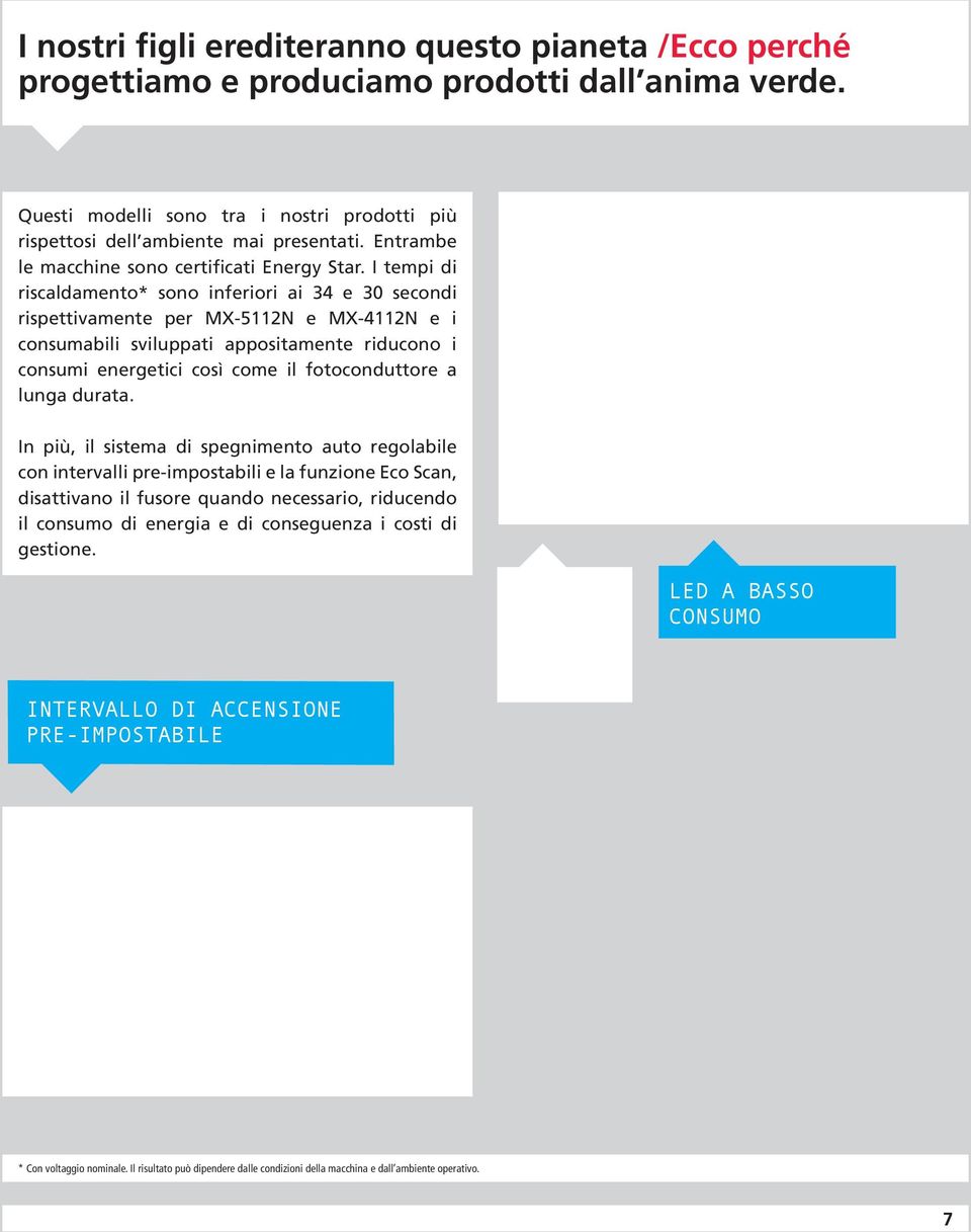 I tempi di riscaldamento* sono inferiori ai 34 e 30 secondi rispettivamente per MX-5112N e MX-4112N e i consumabili sviluppati appositamente riducono i consumi energetici così come il fotoconduttore