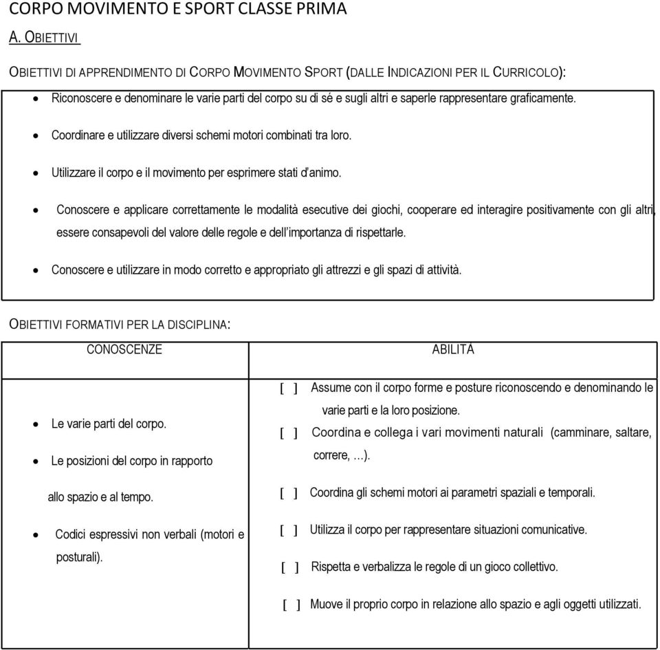 graficamente. Coordinare e utilizzare diversi schemi motori combinati tra loro. Utilizzare il corpo e il movimento per esprimere stati d animo.