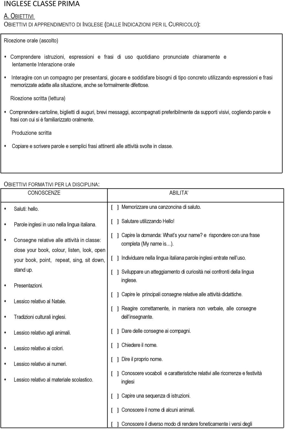 lentamente Interazione orale Interagire con un compagno per presentarsi, giocare e soddisfare bisogni di tipo concreto utilizzando espressioni e frasi memorizzate adatte alla situazione, anche se