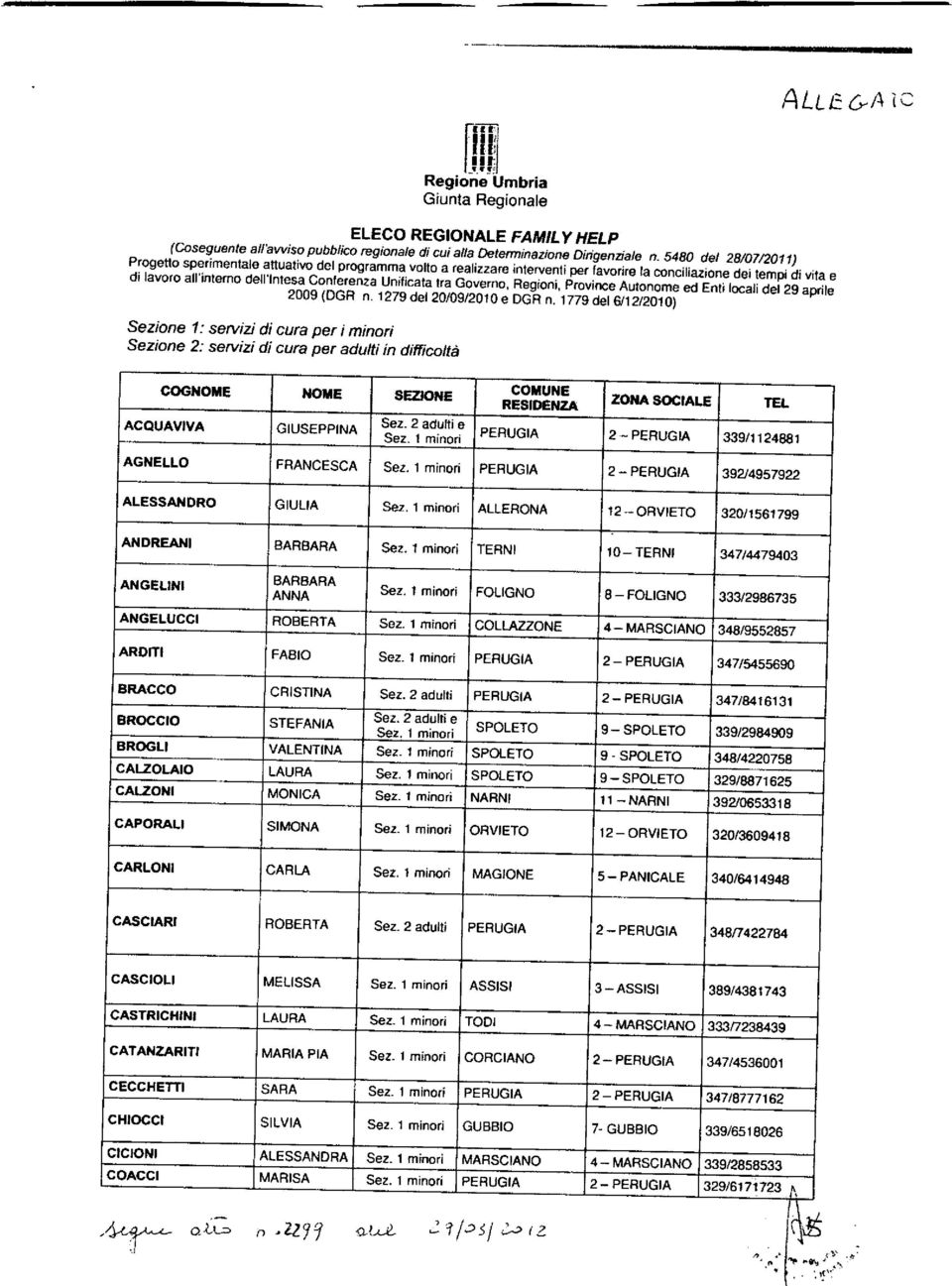 Unificata tra Governo, Regioni, Province Autonome ed Enti locali del 29 aprile 2009 (DGR "- 1279 del 20/09/2010 e DGR "_ 1779 del 6/12/2010) Sezione 1: servizi di cura per i minori Sezione 2: servizi