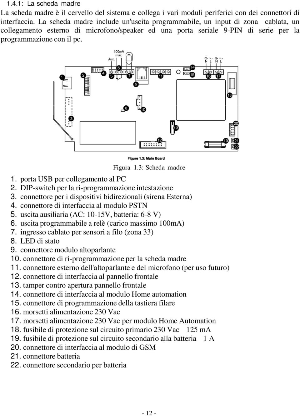 3: Scheda madre 1. porta USB per collegamento al PC 2. DIP-switch per la ri-programmazione intestazione 3. connettore per i dispositivi bidirezionali (sirena Esterna) 4.