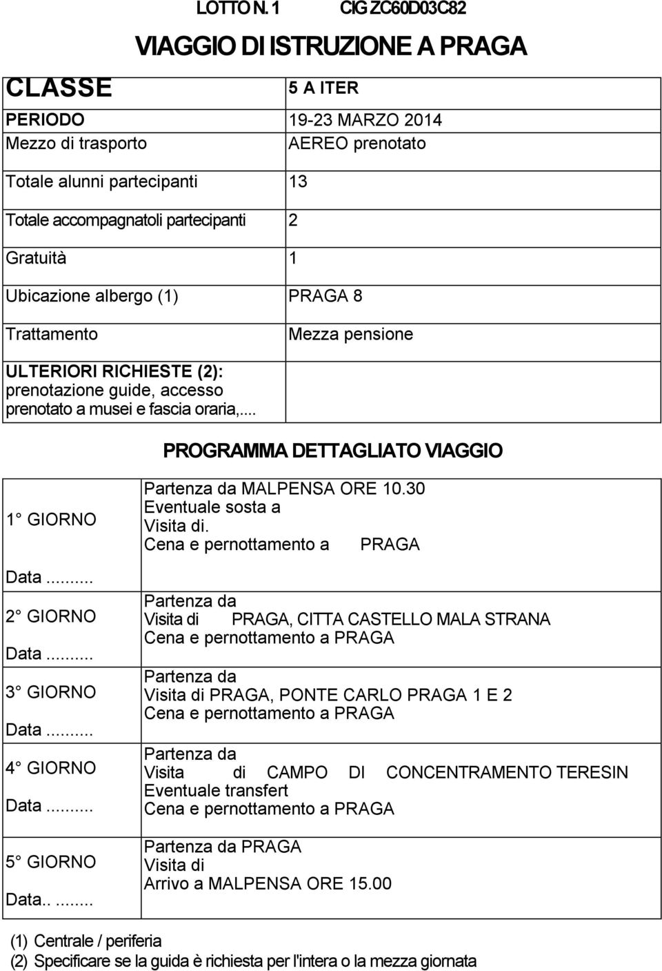 PRAGA 8 Data... Data... Data... Data... 5 GIORNO Data..... Partenza da MALPENSA ORE 10.30 Eventuale sosta a Visita di.