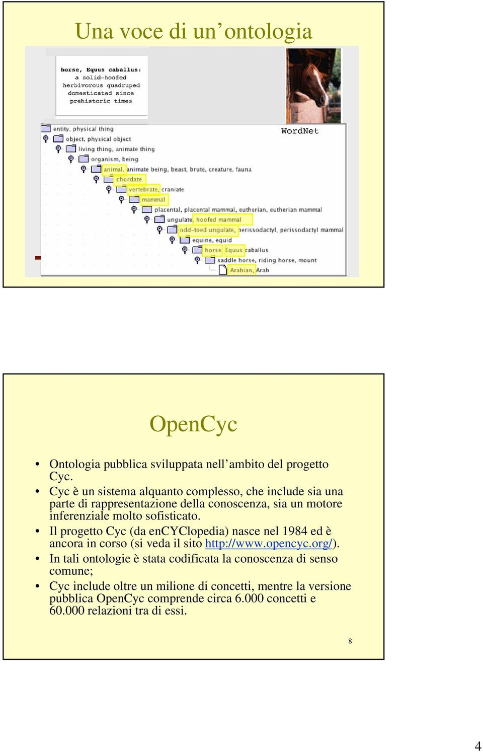 sofisticato. Il progetto Cyc (da encyclopedia) nasce nel 1984 ed è ancora in corso (si veda il sito http://www.opencyc.org/).