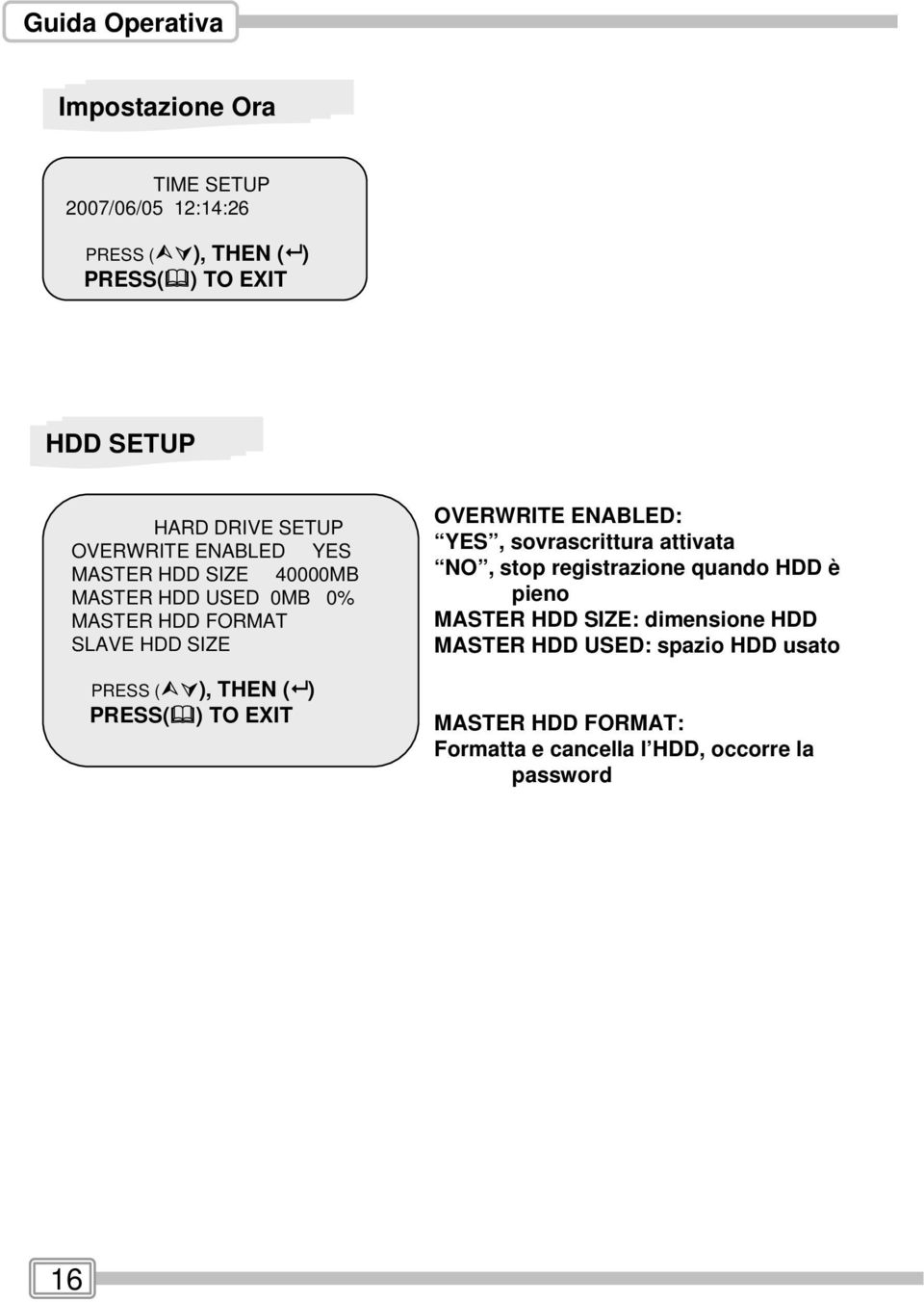 ( ) PRESS( ) TO EXIT OVERWRITE ENABLED: YES, sovrascrittura attivata NO, stop registrazione quando DD è pieno MASTER